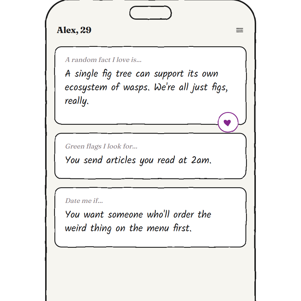 A Hinge-style dating profile with answered prompt cards.